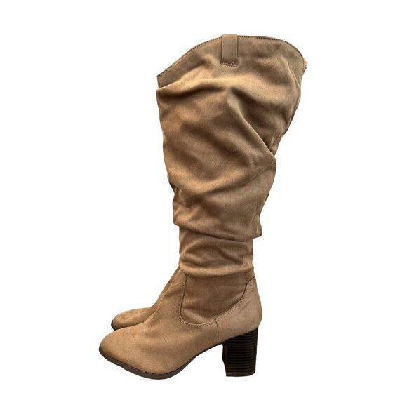 Women's Size 11 M Brown Tall Heeled Boots Pull On Slouchy Side Zip Faux Suede - Picture 1 of 6